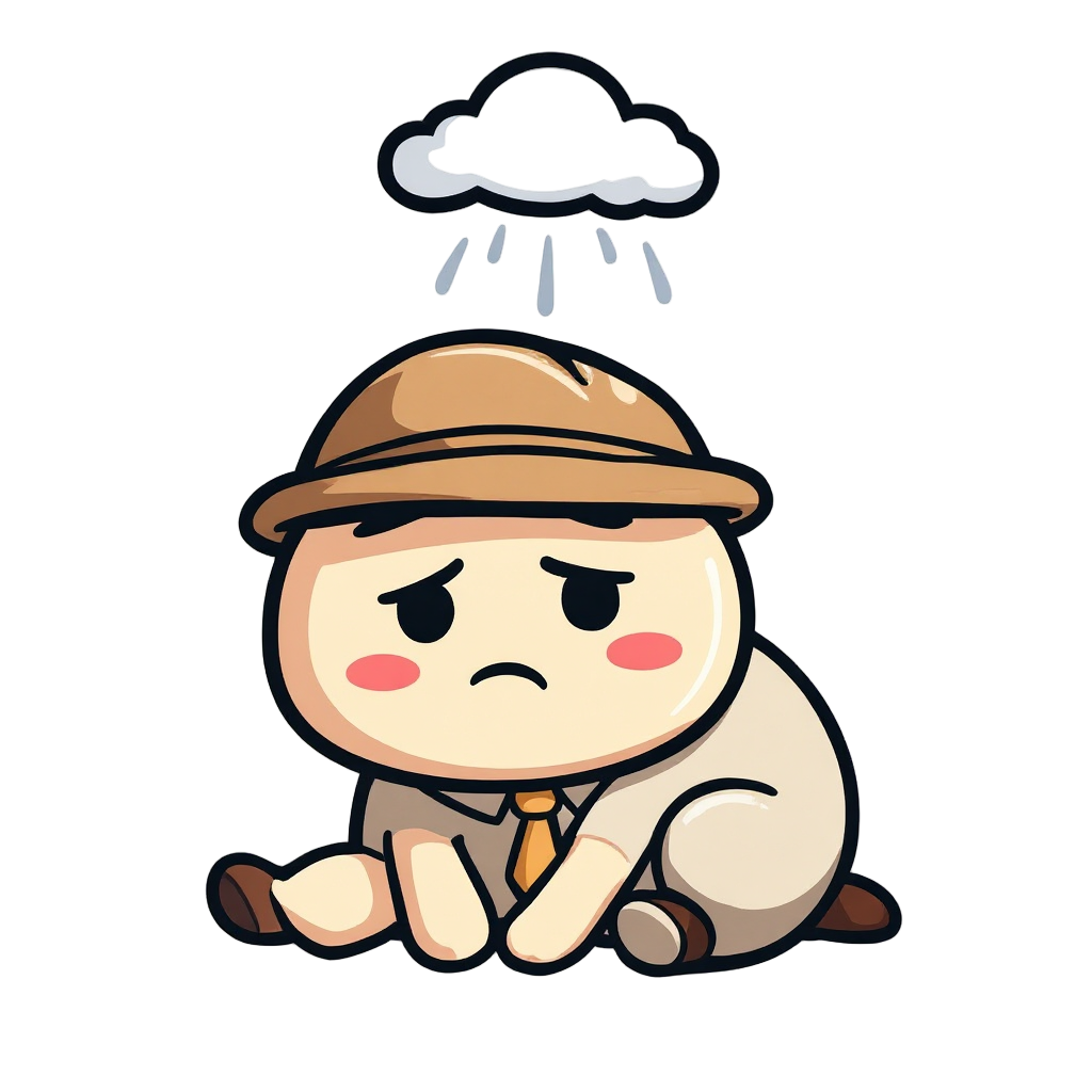 Mascot sitting under a rain cloud
